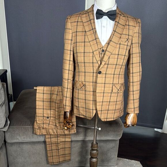 Men’s Brown Plaid 3 Piece Suit One Button Notched Lapel 32 Jacket 30 Pants NWT - Picture 1 of 16